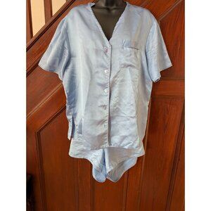 Valerie Stevens Womens Light Blue Satin Pajama Set Button-Up Top & Shorts